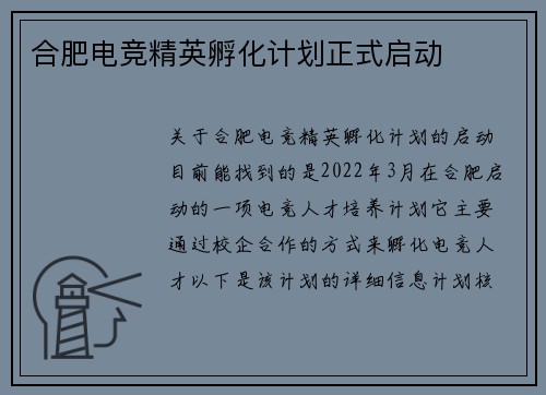 合肥电竞精英孵化计划正式启动