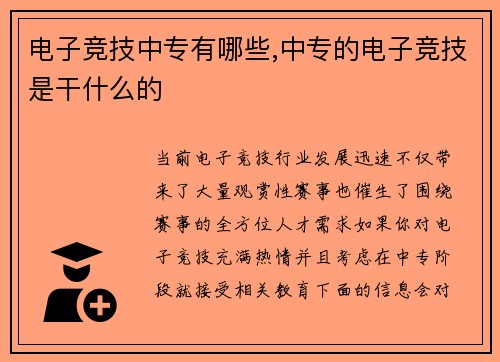 电子竞技中专有哪些,中专的电子竞技是干什么的